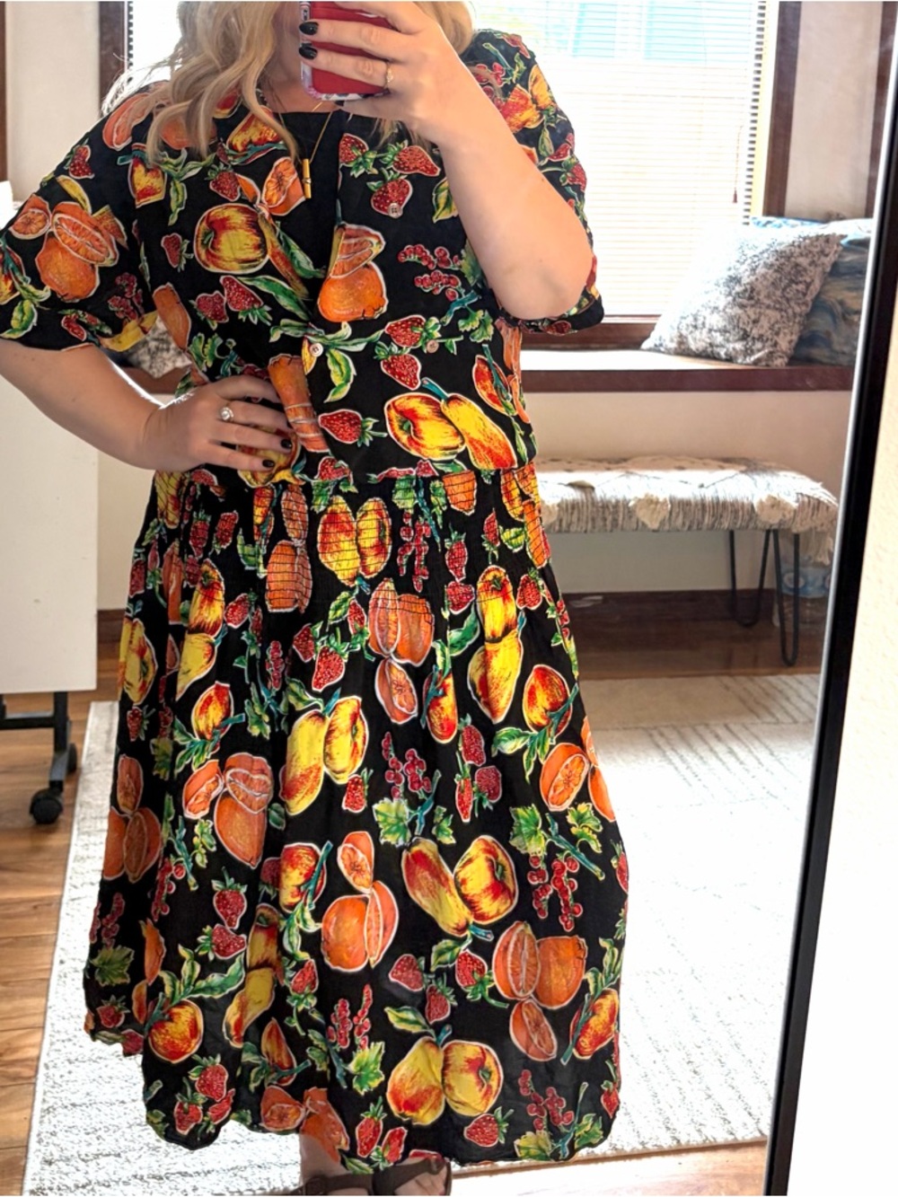 Vintage 80s 90s Donna Morgan Black Midi shirt Dress colorful Fruit Print L XL - Picture 3 of 7